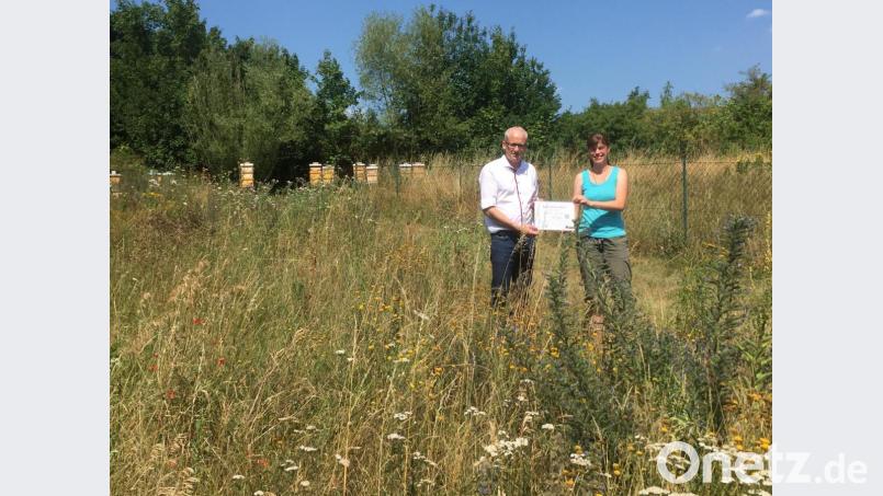 Mit einem Hinweisschild wollen Bürgermeister Bernhard Lindner und Martina Riedl auf das Projekt „BienenBlütenReich“ aufmerksam machen. Bild: ibj