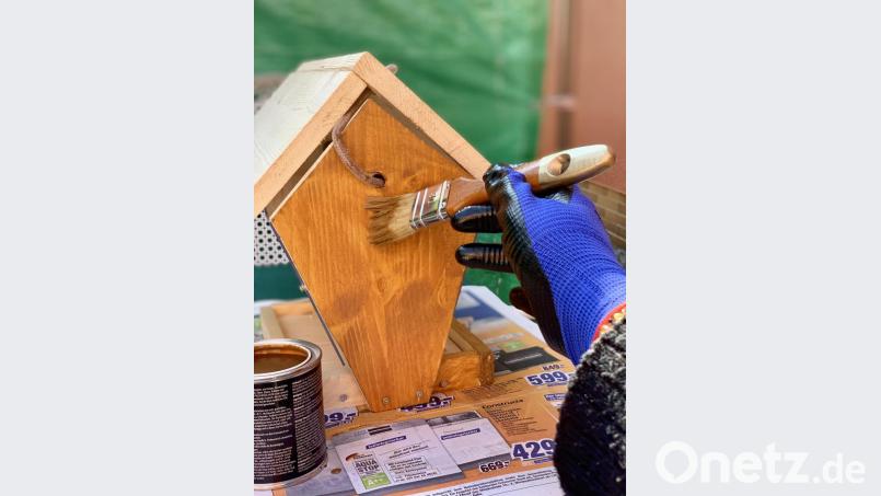 Damit das Futterhaus den Aufenthalt im Freien gut übersteht, wird es noch mit Lasur gestrichen. Bild: mia