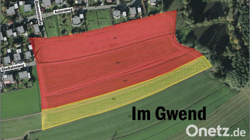 Um knapp 8000 Quadratmeter (gelbe Fläche) ist das Baugebiet &quot;Gladiolenweg&quot; nach dem Kauf einer landwirtschaftlichen Fläche durch die Gemeinde größer geworden. Grafik: nt/az