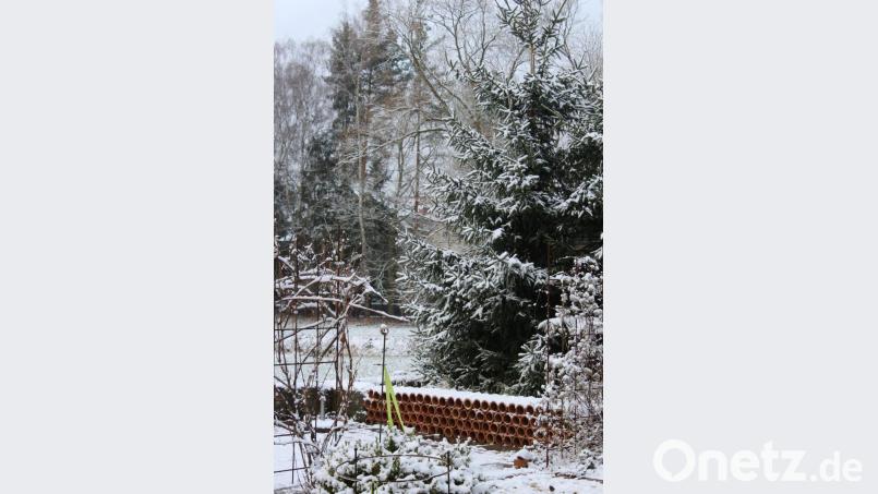 Die mit gefundenen Tonröhren gestaltete Mauer... Bild: mvs