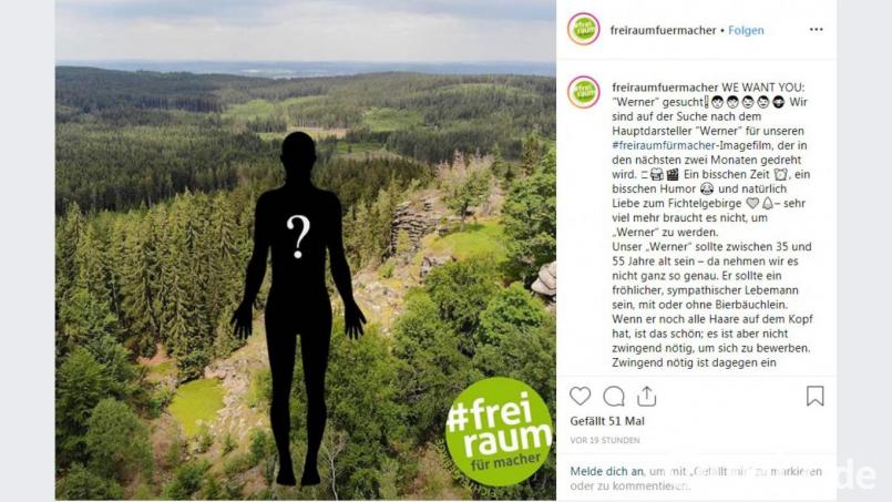 Die Kampagne &quot;Freiraum für Macher&quot; aus dem Landkreis Wunsiedel sucht einen Hauptdarsteller für einen Imagefilm über das Fichtelgebirge. Screenshot: instagram.com/p/B0yKFQbi3Ox/