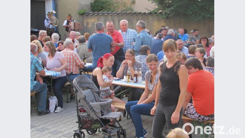 Manfred Wild und Christian Müller (im Hintergrund) als Musikanten unterhalten beim Jubiläumsfest der Raiffeisenbank die vielen Besucher. Bild: fjo