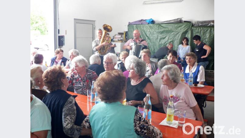 Einen unterhaltsamen Nachmittag genießen die Senioren beim gemeinsamen Grillfest im Rotkreuzhaus. Die Musiker Martin Lautner (links) und Gerd Retzer (rechts) laden zum Mitsingen und Schunkeln ein. Bild: lep