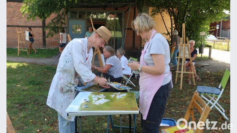 "Malen im Park": Kunsterzieher Andreas Karlstetter (links) bespricht mit Hobbymalerin Luise Meier (rechts) Details zum Bild "Wildgänse auf Winterreise". Bild: Hirsch