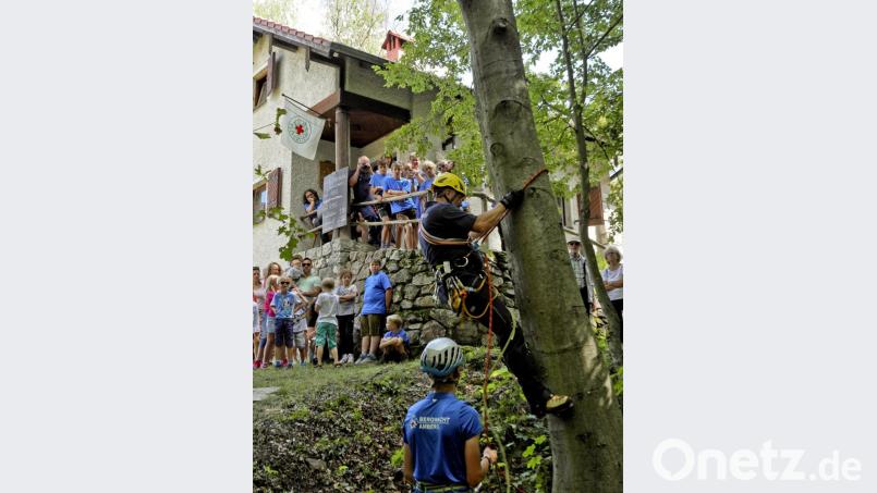 Mit großem Interesse verfolgten die Besucher des Hüttenfestes die Einsatzübung der aktiven Rettungskräfte bei der Bergung eines Fallschirmspringers aus einem Baum. Bild: ads