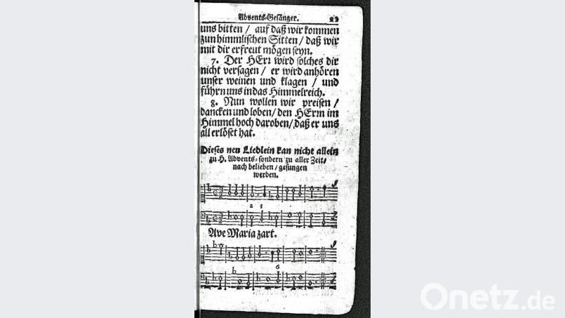 Unter „Advents-Gesänger“ beginnt auf Seite 21/Mitte in Brauns Gesangbuch das Lied „Ave Maria zart“. Bild: Universitätsbibliothek der LMU München, W 8 Liturg. 457