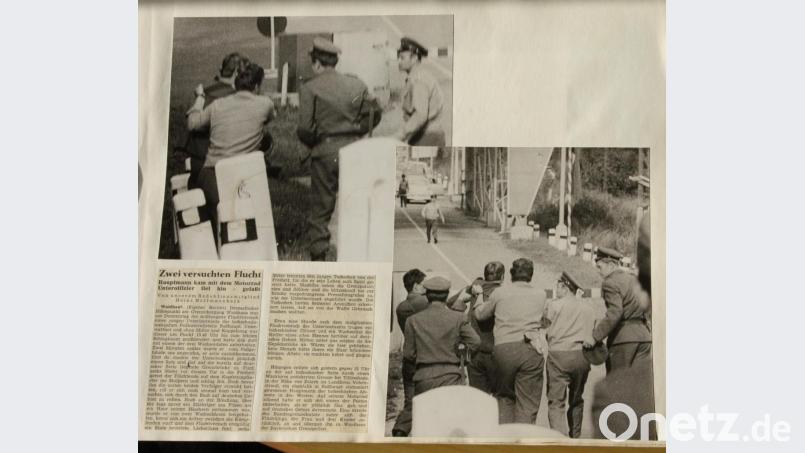 22. August 1968: Nur wenige Meter trennten ihn von der Freiheit. Einem 20-jährigen Soldaten aus der CSSR misslang am 22. August am Nachmittag die Flucth am Grenzübergang Waidhaus. Wenige Meter vor dem Grenzstrich stolperte er, wurde von seinen Kameraden überwältig und zruücktranpsortiert. Rechts im Bild die auf Halbmast gesetzte Flagge. Bild: Bild: Hoffmannbeck, Album Welzel