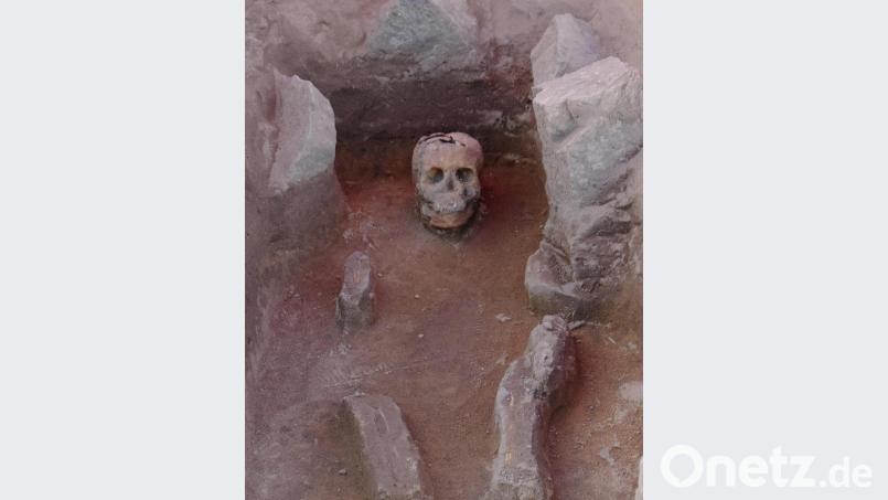 Kampagne 2018: Im Bild ein frei gelegter Schädel eines Reihengrabes der slawischen Siedlung Iffelsdorf bei Pfreimd. Die Steine deuten die Lage des Skeletts an Bild: ohr