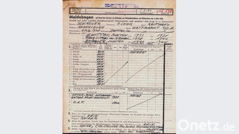 Die erste Seite des Meldebogens von Oskar Schindler, den das Staatsarchiv Amberg aufbewahrt. Bild: Staatsarchiv Amberg