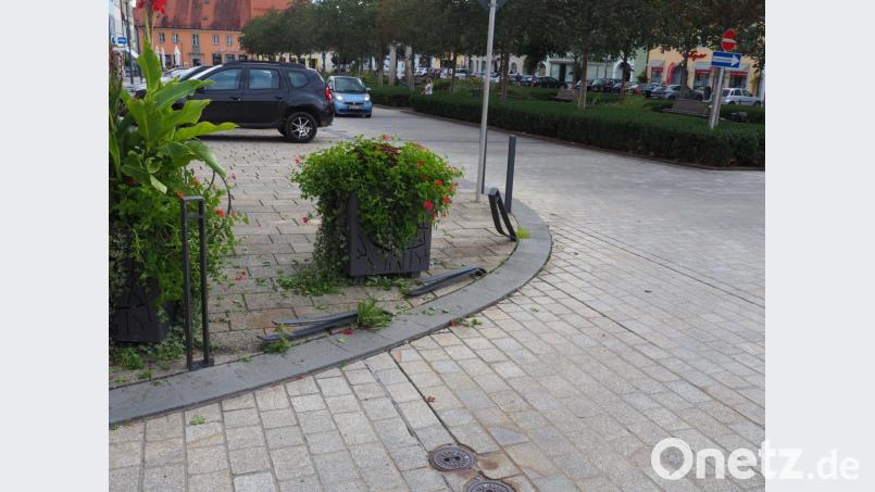 Beim Abbiegen am Marktplatz beschädigte ein Holzlaster vier Eisenpfosten und zwei Pflanztröge, Schaden rund 3000 Euro. Bild: ws