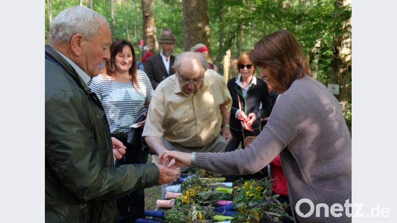 Der Frauenbund Nabburg bündelt heimische Heilpflanzen zu handlichen Sträußen. Dicht drängten sich die Wallfahrer um den Verkaufsstand, um gesegnete Kräuterbüschel zu erwerben. Bild: ohr