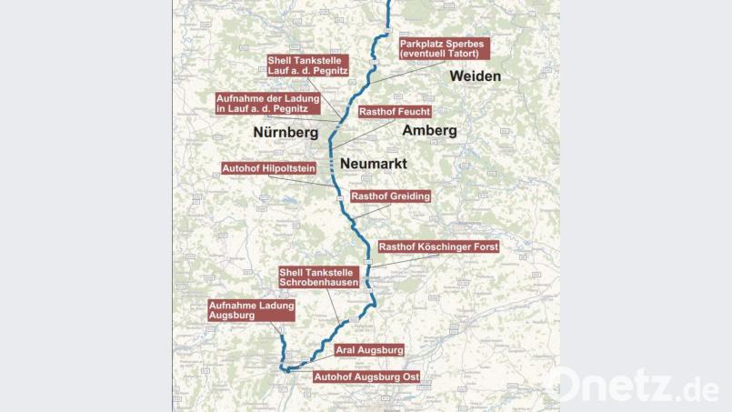 Der Fahrtweg auf der A9 am 14./15. Juni 2018: Ab dem angeblichen Tatort in Sperbes hielt der Lkw bis Augsburg (Beladung) zehn Mal, teils im 20-Minuten-Takt. Bild: Kriminalpolizei Bayreuth