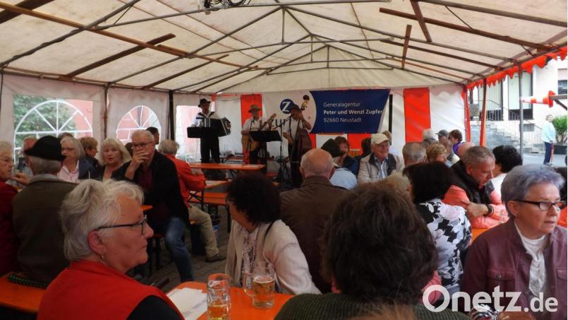 Trotz Regen und kühlen Außentemperaturen - die &quot;Neisteder Zoiglmusi&quot; heizt den Besuchern ein und bringt Stimmung ins Festzelt. Bild: trj