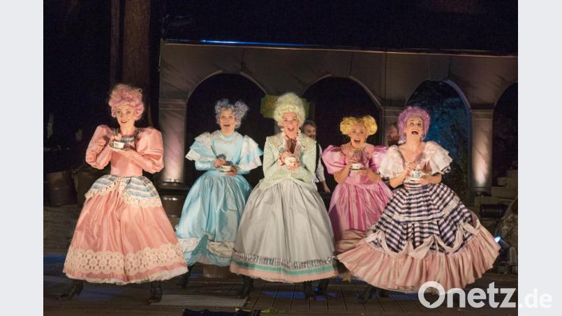 Eine der witzigsten Szenen des Musicals zeigt die feine Damengesellschaft bei Tee-Plausch über das Leben und den Zucker. Bild: Dietz/Luisenburg-Festspiele