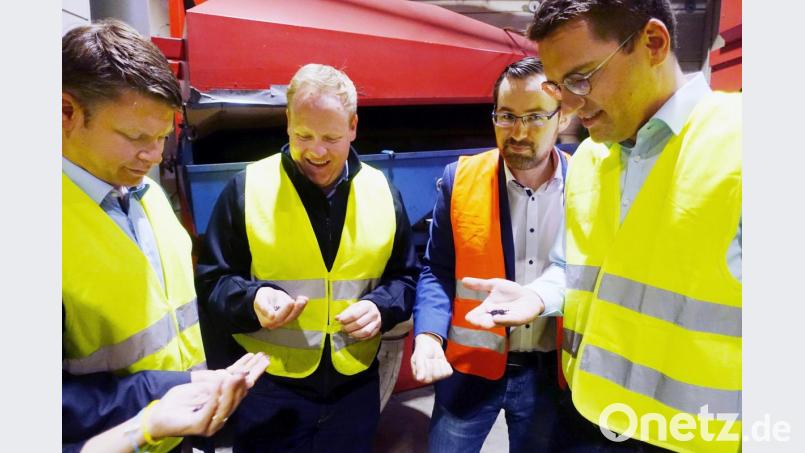 Und das kommt ganz hinten raus, wenn Altreifen zerrissen werden: kleine, sortenreine Gummi-Kügelchen. Benjamin Zeitler, Tilman Kuban (von links) und Christian Doleschal (rechts) sind beeindruckt. Estato-Geschäftsführer Alexander Prokein (Zweiter von rechts) führt die Gäste durch das Recycling-Werk in Weiden-West. Bild: Wieder