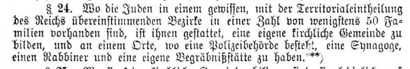 § 24 des &quot;Edikts vom 10. Juni 1813 über die Verhältnisse der jüdischen Glaubensgenossen im Königreiche Bayern&quot;. Bild:  Privatarchiv Dieter Dörner