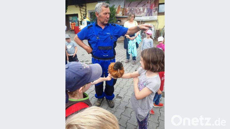 „Bauer Fritz“ weiß, wie man Kinder begeistert. Das zeigt sich abermals, als 33 Kinder und 16 Erwachsene aus Pressath auf dem Müllnerhof zu Gast sind. Bild: mng