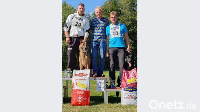Erfolge für den Verein Deutscher Schäferhunde Weiden: Sven Kessel mit „Arek vom dampfenden Kessel“ (links) siegt bei der Landesgruppenausscheidung. Den dritten Platz sichern sich Alexander Bauer mit „Xirro vom Kammberg“ (rechts). Ausbildungswart Werner Pirthauer gratuliert. Bild: Dobmeier