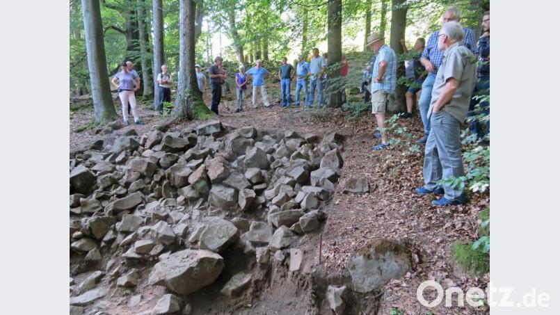 Am unteren Ringwall liegt die erste Verteidigungsbefestigung. Dort haben die Archäologen ein sogenanntes Annäherungshindernis freigelegt. Grabungsleiter Hans Losert (Fünfter von links) berichtet, dass in diesem Bereich als zusätzlicher Schutz vor plündernden Reitern aus Ungarn Vulkansteine angehäuft wurden. Bild: ow