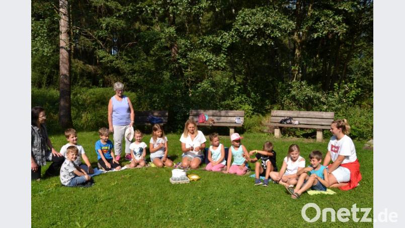 Erzieherin Petra Forster (Mitte) brachte den Kindern Kräuter nahe, mit denen sie sich selbst helfen können. Betreut wurden die Mädchen und Buben weiter von Erzieherin Anni Hierold, Margit Ströhl und Praktikantin Vera Zimmermann (von links). Bild: gi