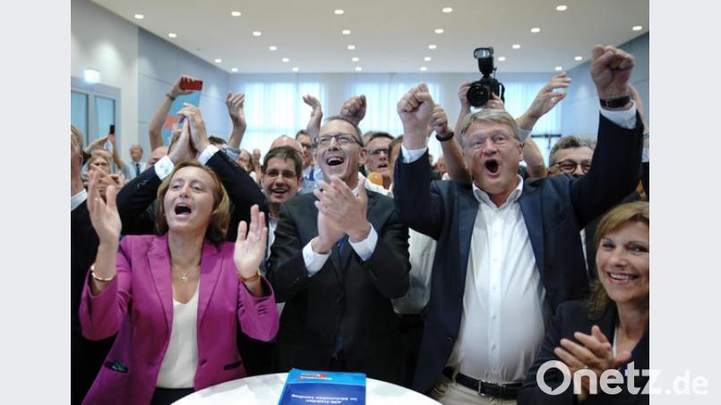 Viele AfD-Wähler fühlen sich als Deutsche zweiter Klasse. Aber müssen sie deswegen drittklassige Politiker wählen? Beatrix von Storch, Bundesvorstandsmitglied, Jörg Urban, Spitzenkandidat der AfD, und Bundesvorsitzender Jörg Meuthen (von links) bejubeln auf der AfD-Wahlparty das Rekordergebnis in Sachsen. Bild: Michael Kappeler/dpa