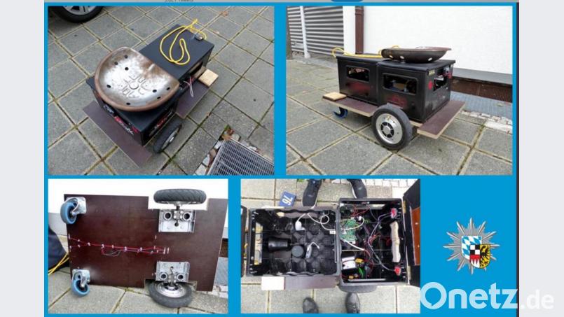 Am Sonntagabend (01.09.2019) bot sich Beamten der PI Zirndorf ein nicht alltägliches Bild. In der Spitalstraße beobachteten sie einen jungen Mann, der es sich auf seinem selbstgebauten Gefährt bequem gemacht hatte und mit einer Geschwindigkeit, die definitiv schneller war, als die Polizei erlaubt, den Gehweg entlang fuhr. Screenshot: Polizei Mittelfranken via Twitter