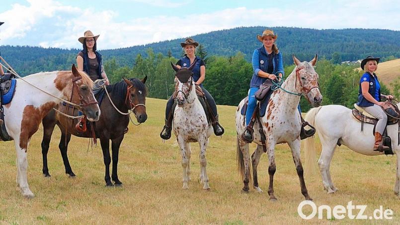Die Steinwald-Allianz unterbreitete im Sommer Urlaubsgästen und Freunden des Reitsports ein besonders Angebot. Andrea Steinkohl vom Biolandhof „Grenzmühle“ (rechts) organisierte mit ihren Reiterfreundinnen (von links) Anja Schultes, Sarah Schraml, Sandra Kochs, Melanie Schultes und Isabella Ständer den allwöchentlichen Aktionstag „Der berittene Cowboy-Dienstag“. Neben dem Reitsport lernten die vielen Teilnehmer dabei auch den Naturpark Steinwald kennen. Bild: bsc