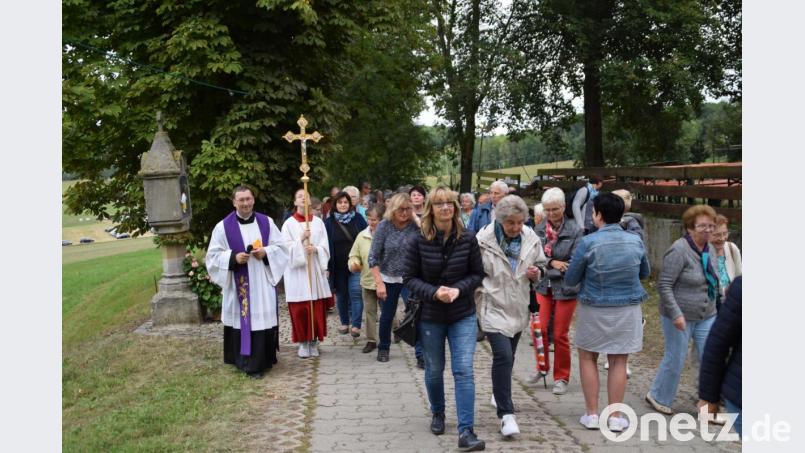 Gemeinsam mit Pfarrvikar Christian Preitschaft beteten wieder zahlreiche Gläubige den Kreuzweg zur Wallfahrtskirche. Bild: swo