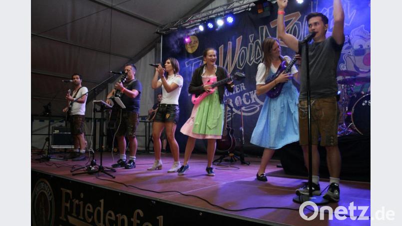 Die Band &quot;Woid-Rocker&quot; in großer Formation - mit Verstärkung aus dem Publikum. Bild: roh
