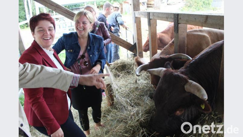 Die Landtagsabgeordneten Katharina Schulze und Anna Toman statteten auch dem Bullen Iglo einen Besuch ab. Bild: soj