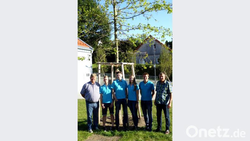 Die neue Sumpf-Eiche auf dem Dorfplatz wird vorgestellt von (von links) Bürgermeister Martin Schregelmann, den Kirwaleit-Vertretern Felix Herrmann, Maximilian Rösch, Denise Lindner und Thomas Beutner sowie zweitem Bürgermeister Hans Beutner. Bild: fsb