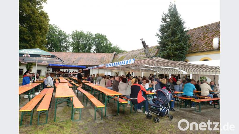 Festleiter Gerhard Kres (Zweiter von links) beobachtete von einem freistehenden Regenschirm aus das Geschehen im Schlosshof Unterwildenau. Bild: bey