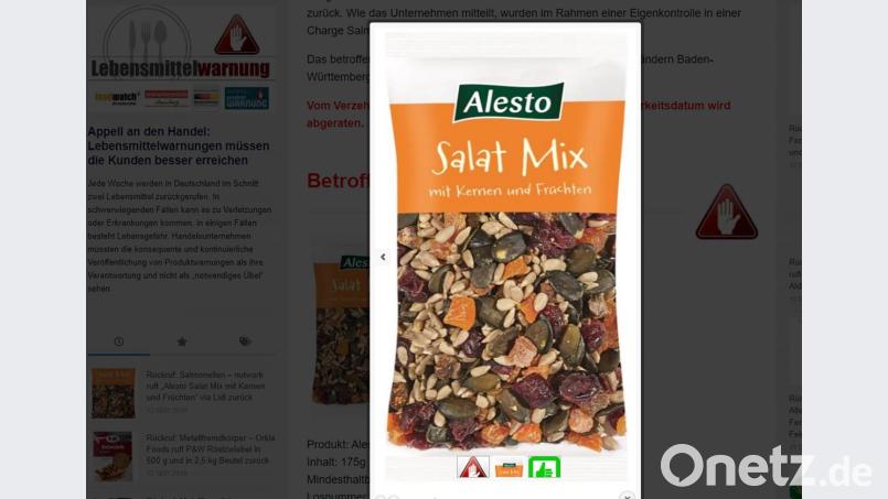 Der Discounter Lidl hat Nuss-Frucht-Mischungen für Salate aus dem Verkauf genommen. „Im Rahmen von Eigenuntersuchungen wurden Salmonellen nachgewiesen“, teilte das Unternehmen mit Sitz in Neckarsulm am Donnerstag mit. Es geht um den „Alesto Salat Mix mit Kernen und Früchten, 175 mg“ der Firma nutwork Handelsgesellschaft mit dem Mindesthaltbarkeitsdatum 13.04.2020 und der Losnummer L1823161. Screenshot: www.produktwarnung.eu