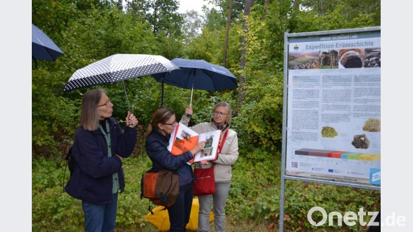 Trotz des Regens führte Elisabeth Kummer (Mitte) fundiert in die Geschichte des Bleierzabbaus in der Region Freihung ein und arbeitete mit historischen Plänen, Zeichnungen und Fotografien um ihre Erklärungen anschaulich zu machen. Bild: inl