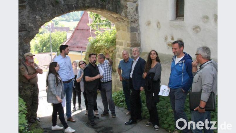 Die Delegation mit Martin Stahr (Dritter von links) und Raimund Karl (Vierter von rechts) besichtigte verschiedene Trockenmauern, die im Zug der Dorferneuerung saniert werden. Bild: dl