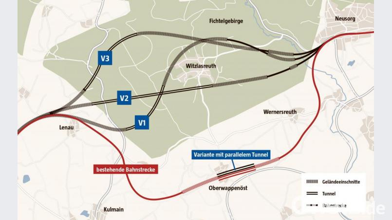 Drei Alternativen sehen einen Verlauf der Oberleitungen über der bisherigen Bahnstrecke vor, drei Varianten einen ganz neuen Verlauf der Schienen ab Kilometer 104,2 bei Lenau. Dabei raten die Ersteller der Unterlagen selbst von den Möglichkeiten V1 und V2 ab, weil sie das Trinkwasserschutzgebiet für Witzlasreuth und Oberwappenöst tangieren würden. Bild: NT/AZ