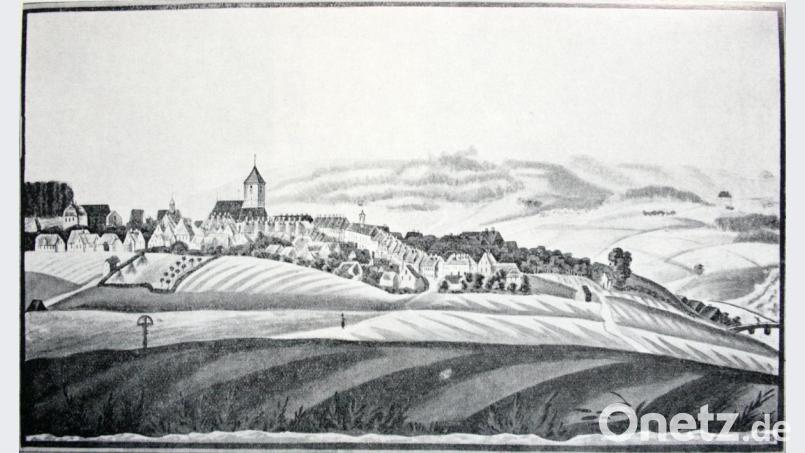 Ansicht von Erbendorf um 1840 mit der alten Simultankirche. Bild: njn
