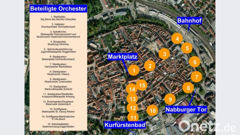 15 Musikapellen spielen am Sonntagnachmittag in der Stadt. Wir empfehlen einen Rundgang vom Marktplatz über die Bahnhofstraße und den Bahnhof zum Stadtgraben Richtung Nabburger Tor und über die Stadtbrille und die Schiffgasse wieder zurück. Grafik: upl