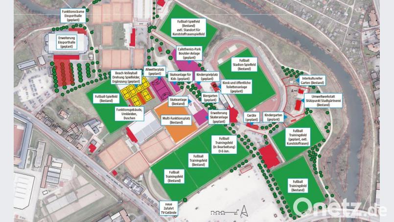 So könnte der Sportpark am Schanzl nach dem Umbau in drei oder mehr Bauabschnitten aussehen. Er soll nach dem Willen der Stadtplaner und des Stadtverbands für Sport ein Treffpunkt für alle Amberger werden. Bild: Stadt Amberg/Oberpfalz-Medien