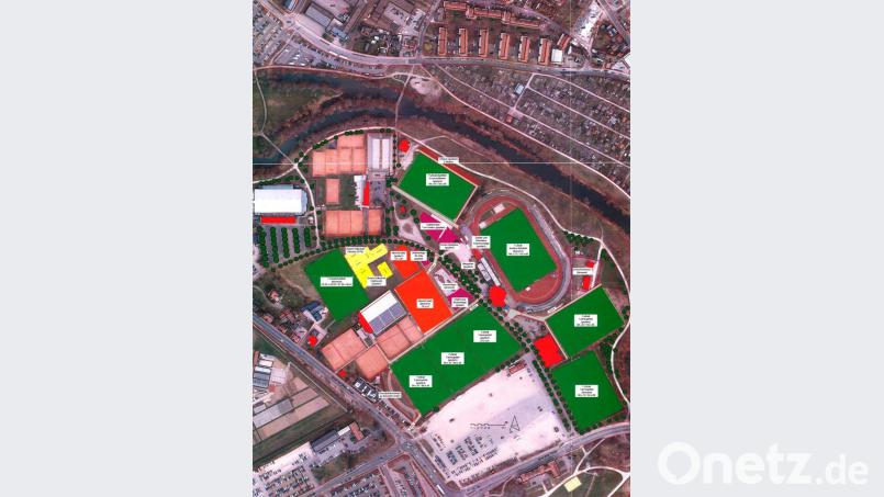 So könnte nach einem Entwurf der Stadt Amberg der „neue“ Sportpark aussehen. Gut zu sehen ist hier, dass im Bereich der Werner-von-Siemens-Straße ein Grundstück an die benachbarte Bauart verkauft wird. Bild: exb/Stadt Amberg