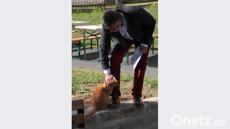 Die Katze, die dringend Streicheleinheiten brauchte, lenkte den Bürgermeister bei seiner Rede ab. Bild: kro