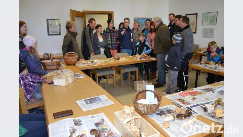 Stefan Hartwig (mit Schwammerl), Pilz-Sachverständiger der Deutschen Gesellschaft für Mykologie erklärte den Teilnehmern nach der Pilz-Exkursion die verschiedenen Pilze ob essbar, ungenießbar oder gar giftig. Bild: gi