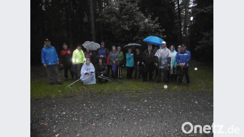 Statt zu ihren Stöcken greifen die Walker zu Regenschirmen. Beim letzten Frühstücks-Walking der Saison meint es der Wettergott nicht gut mit den Sportlern. Bild: Janina Nebe
