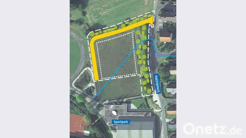Beim Sportpark soll die neue Kita entstehen. Sie wird mit einer neuen Straße (gelb) eingezeichnet an den Verkehr angebunden. Grafik: Oberpfalz-Medien