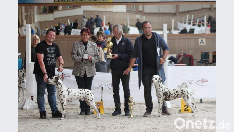 Thomas Höppner (links) mit dem Rüden „Dante“, dem besten Dalmatiner der Ausstellung, und Michael Jetmar (rechts) mit „Alhena Moonlight Surprise“, der tagesbesten Hündin bzw. dem zweitbesten Dalmatiner des Tages, gemeinsam mit Richterin Isolde Huber und Sonderleiter Johann Heindl. Bild: exb
