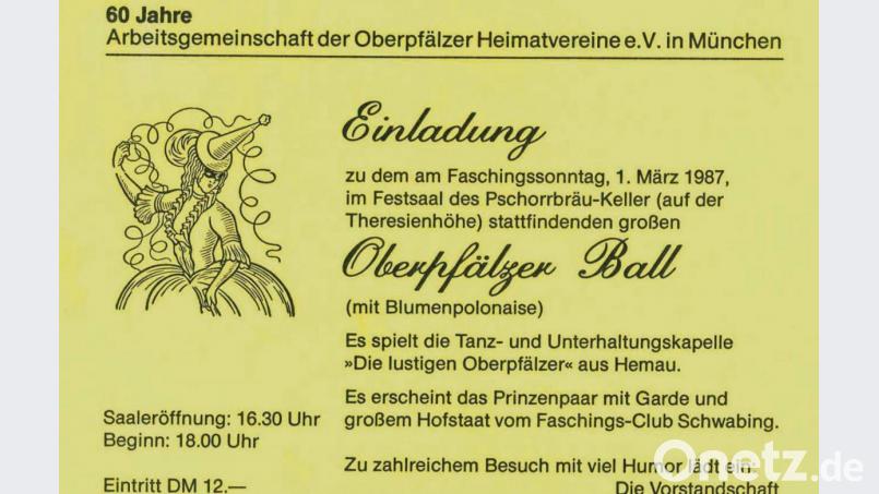 So sah die Einladungskarte für den Oberpfälzer Faschingsball 1987 aus. Bild: exb/Hartinger