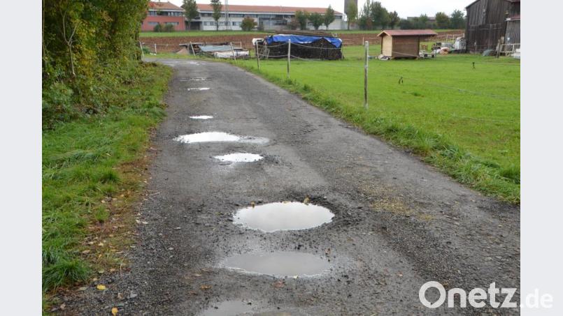 Die tiefen Schlaglöcher in der Verbindung Amselweg zum Sportzentrum haben sich durch den Regen mit Wasser gefüllt. Anton Bäuml würde den Weg für Autos freigeben, da er sowieso verbotener Weise von vielen zum Sportzentrum genutzt wird. Eine weiträumige Umfahrung könne man heute nicht mehr vertreten. Bild: dob