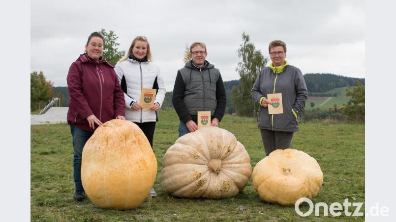 Die Gewinner des Riesenkürbiswettbewerbs 2019 in Krummennaab. 
Franz Wenning auf Platz 1 in der Mitte. Platz 2 Monika und Kathrin Gruber (links) und auf Platz 3 Petra Sieder (rechts). Bild: nza