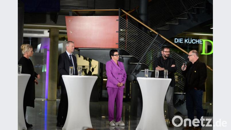 Die Diskussionsrunde (von links): Künstlerin Hanna Regina Uber, der Nürnberger OB Ulrich Maly, die Amberger SPD-OB-Kandidatin Birgit Fruth, der Vorsitzende des örtlichen Hotel- und Gaststättenverbands, Norbert Stöckl, und der Leiter des Luftmuseums, Wilhelm Koch. Bild: Andreas Brückmann