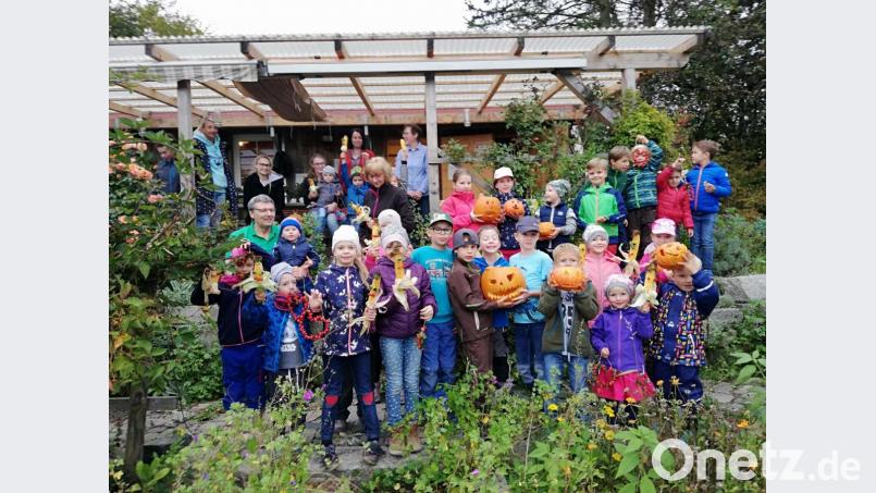 Stolz zeigen die Kinder ihr ausgehöhlten Kürbisse und geschmückten Maiskolben. Bild: rpp